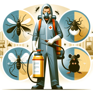Une illustration symbolisant la lutte antiparasitaire professionnelle ciblant les moustiques, les rats et les punaises de lit. L'image montre un contrôleur antiparasitaire professionnel, un homme